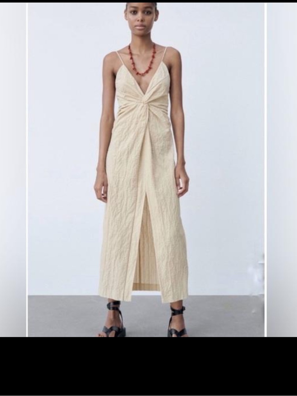 ZARA Beige Sand Front Knot Maxi Dress Textured Draped Boho size Medium.